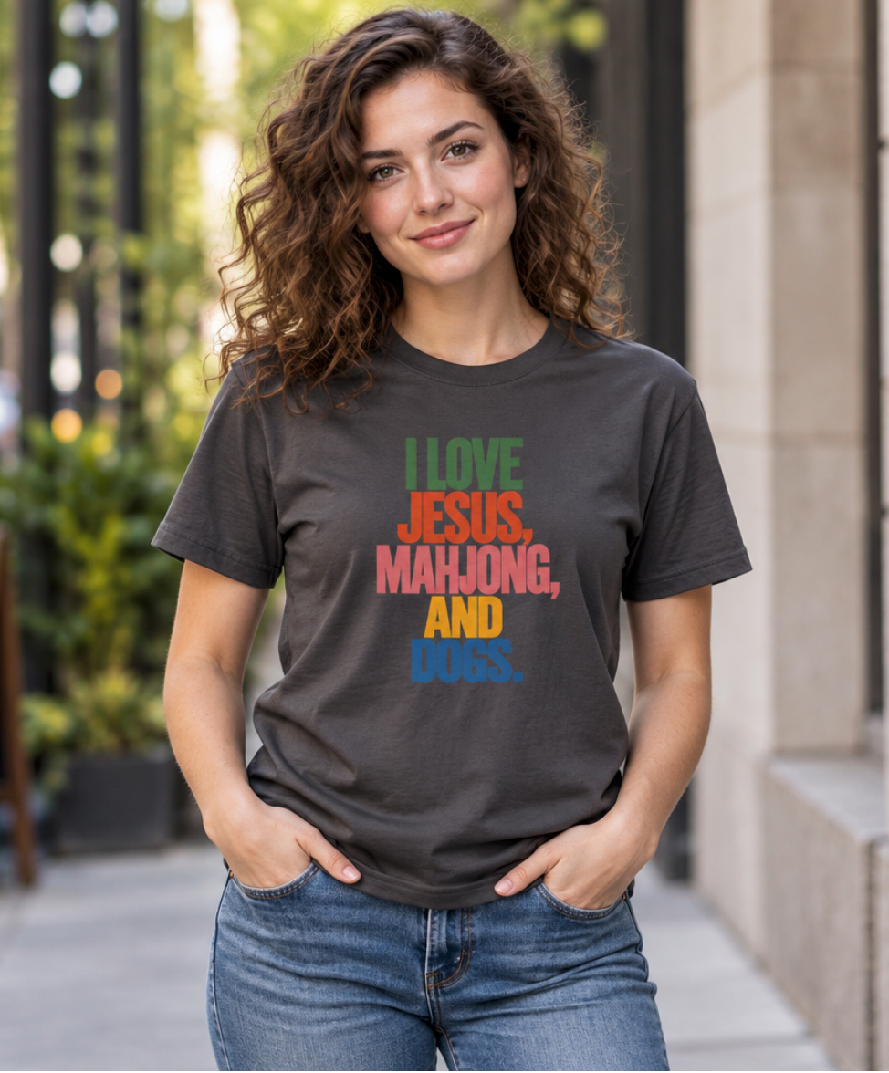 I Love Jesus, Mahjong, and Dogs T-shirt | Comfort Colors