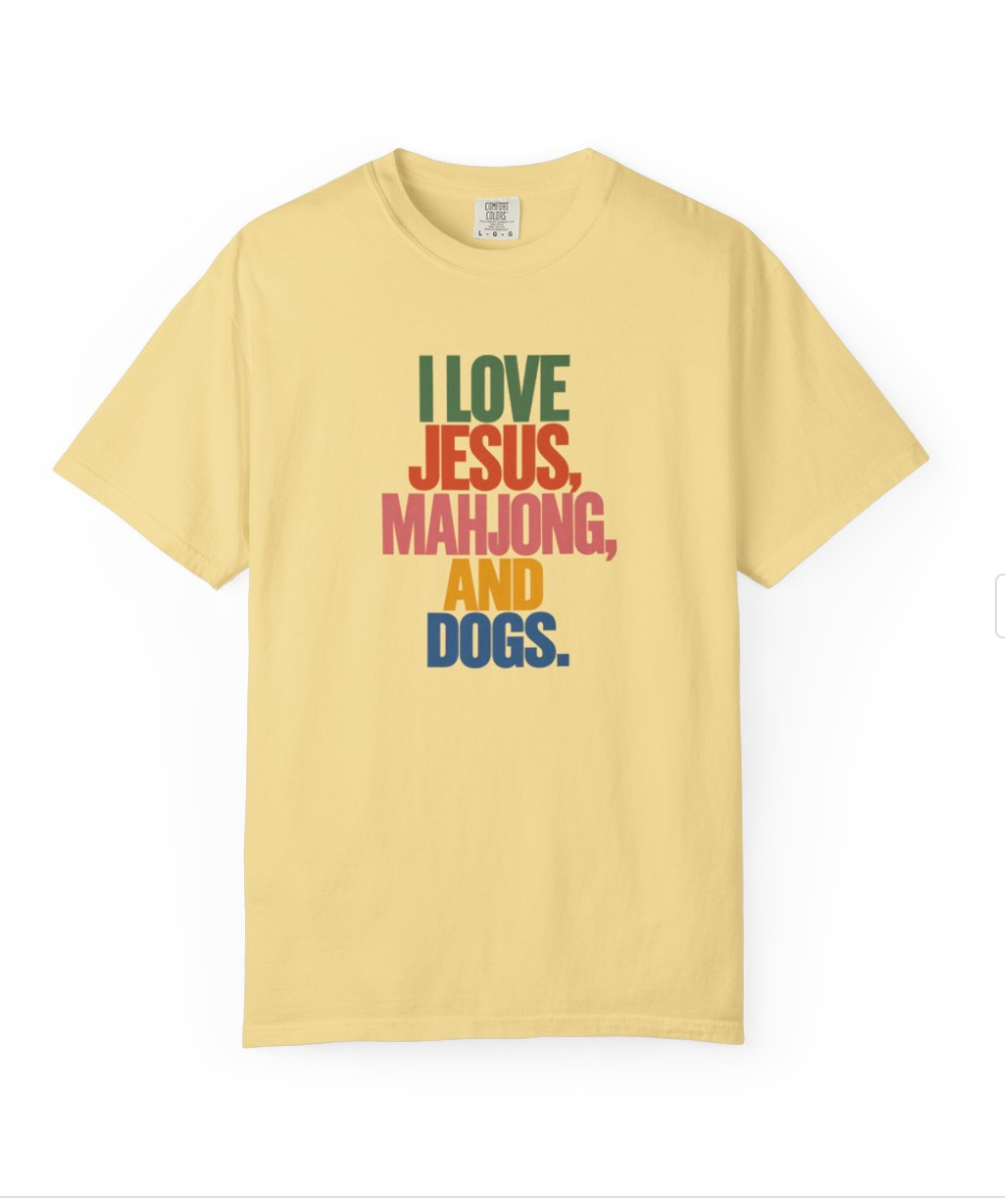 I Love Jesus, Mahjong, and Dogs T-shirt | Comfort Colors