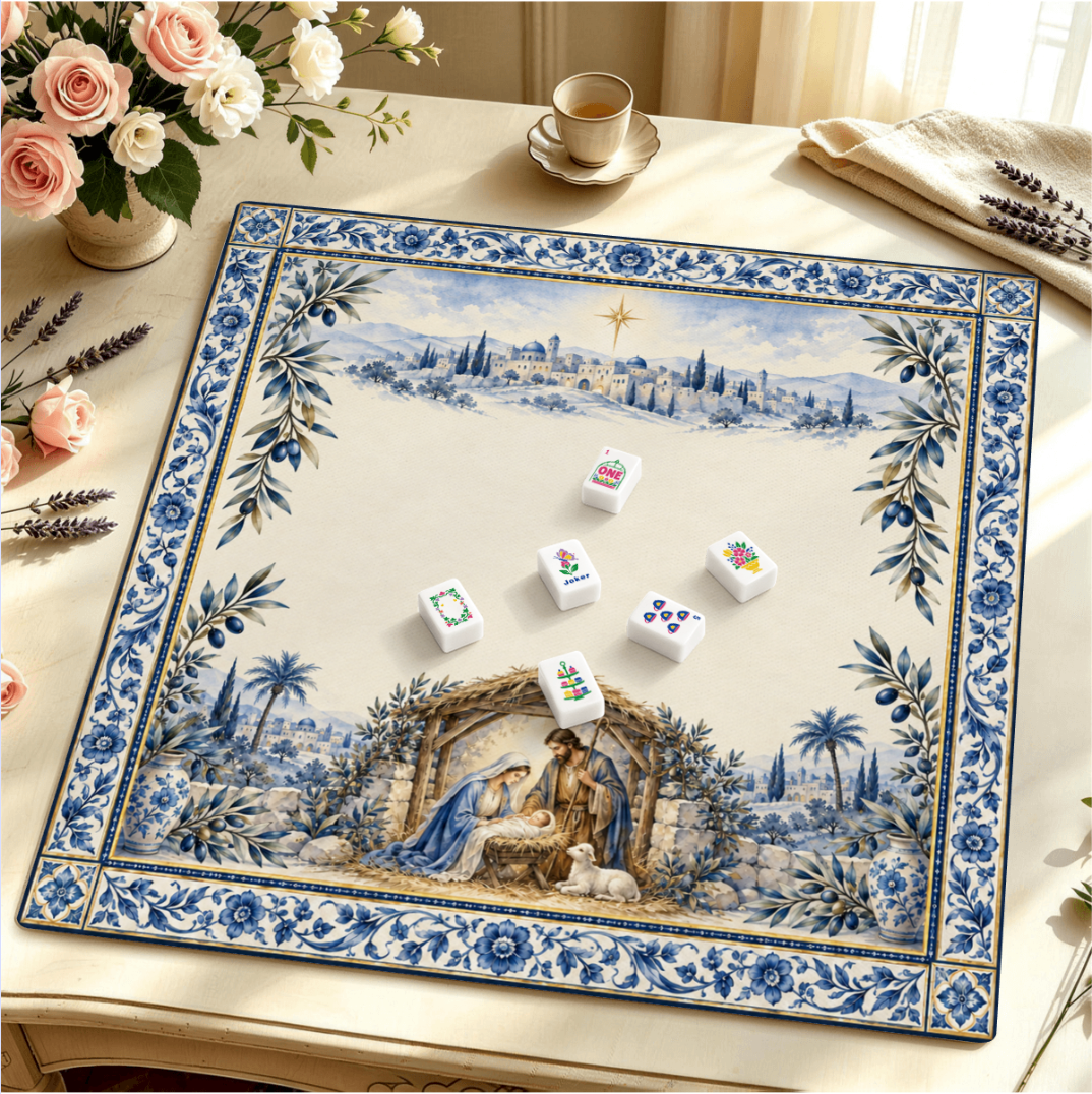 Bethlehem in Blue and White Nativity Mahjong Mat