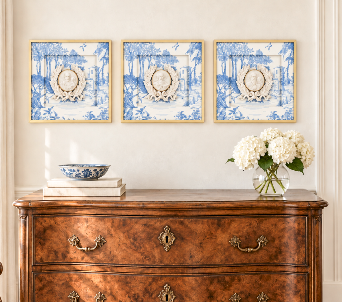 Saints Mark, John, and Matthew Framed Intaglios, Blue White Toile, Apostles