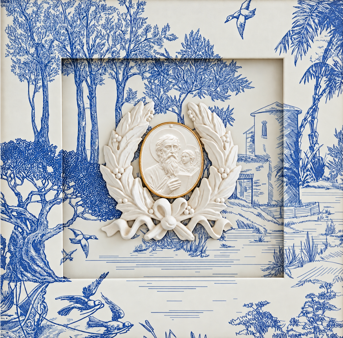 Saints Mark, John, and Matthew Framed Intaglios, Blue White Toile, Apostles