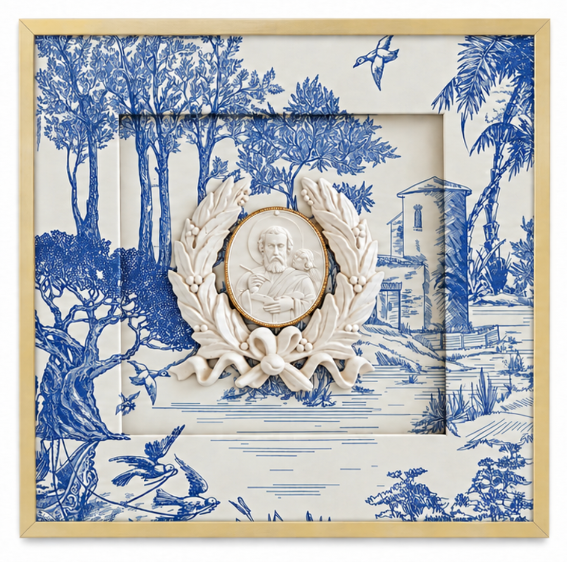 Saints Mark, John, and Matthew Framed Intaglios, Blue White Toile, Apostles