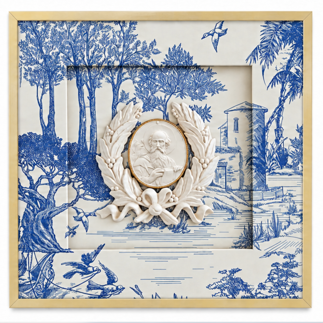 Saints Mark, John, and Matthew Framed Intaglios, Blue White Toile, Apostles