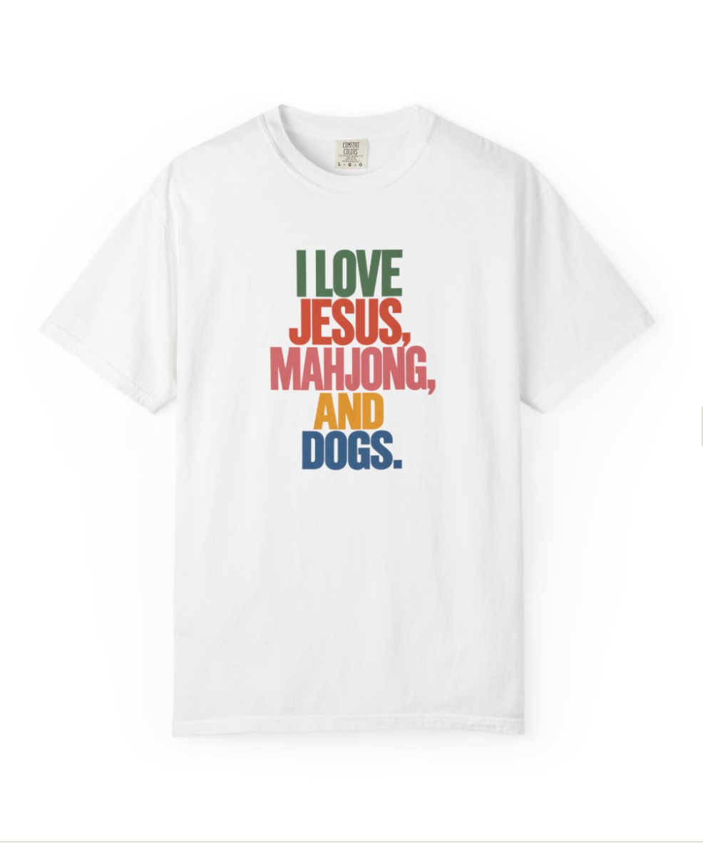 I Love Jesus, Mahjong, and Dogs T-shirt | Comfort Colors