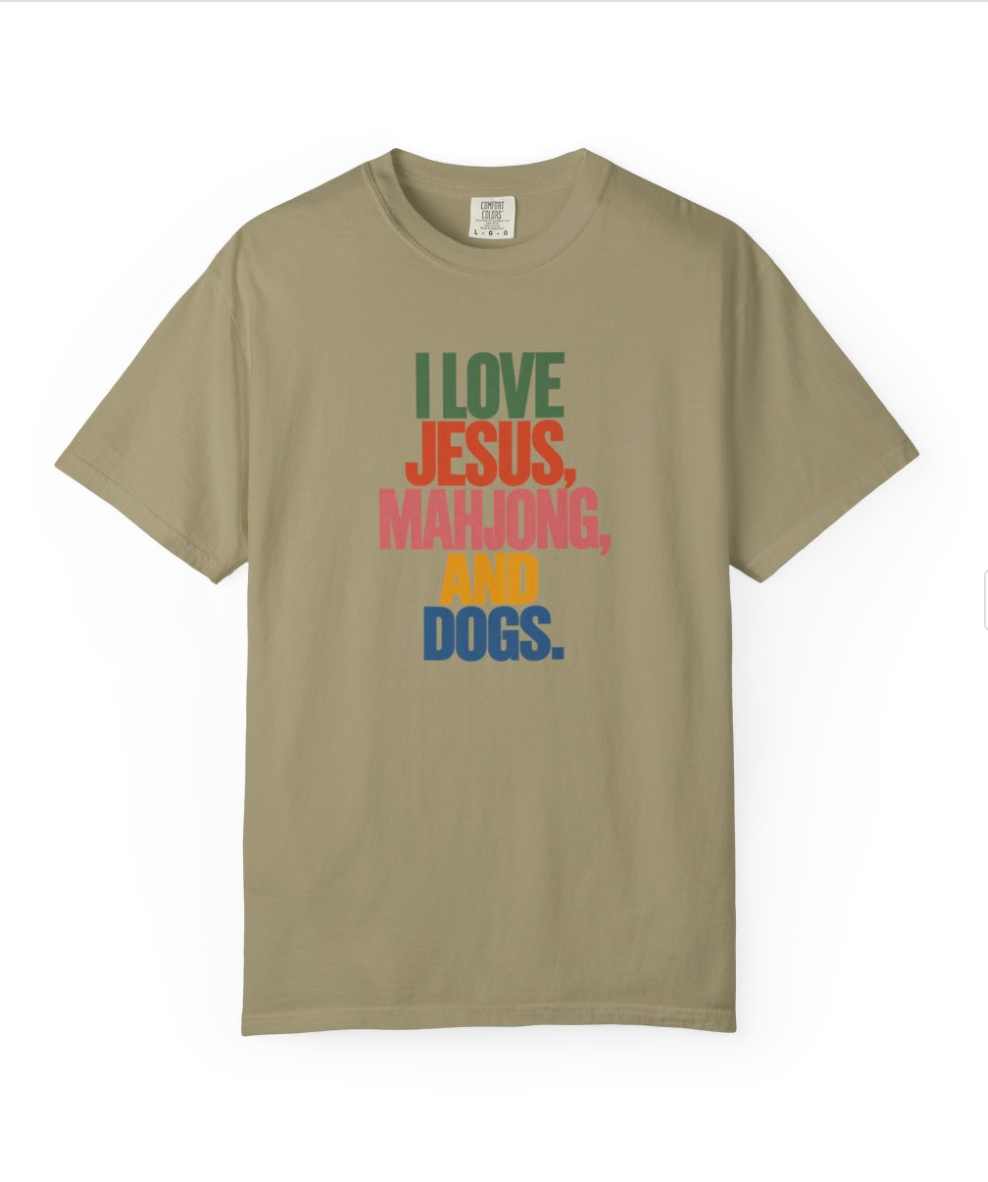 I Love Jesus, Mahjong, and Dogs T-shirt | Comfort Colors