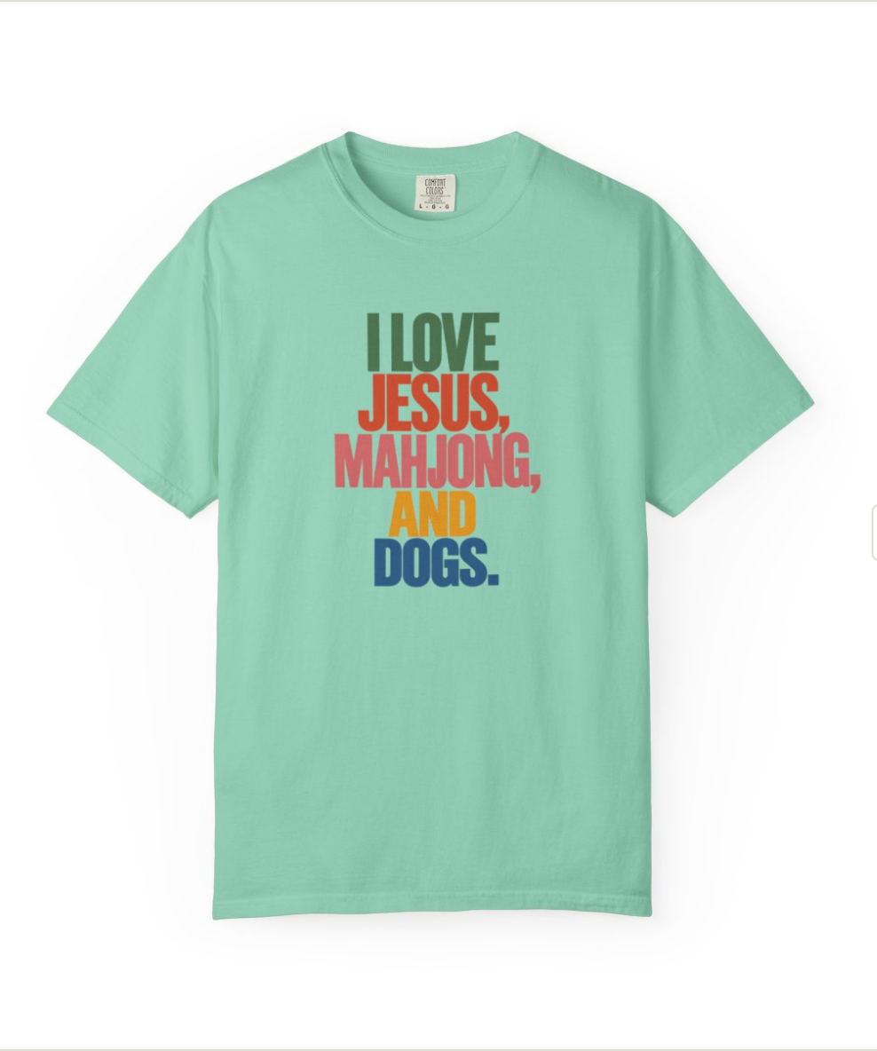 I Love Jesus, Mahjong, and Dogs T-shirt | Comfort Colors