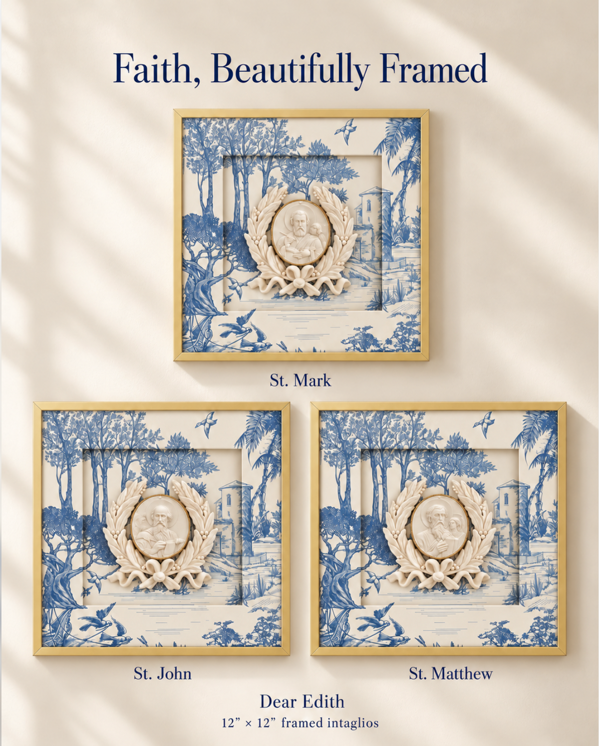 Saints Mark, John, and Matthew Framed Intaglios, Blue White Toile, Apostles