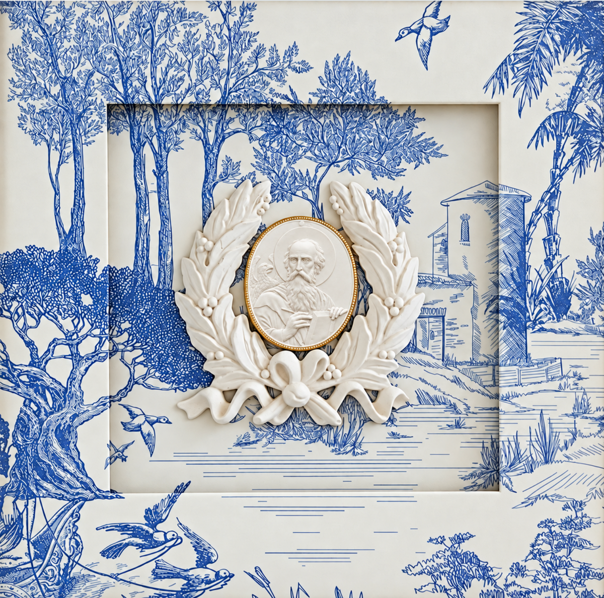 Saints Mark, John, and Matthew Framed Intaglios, Blue White Toile, Apostles