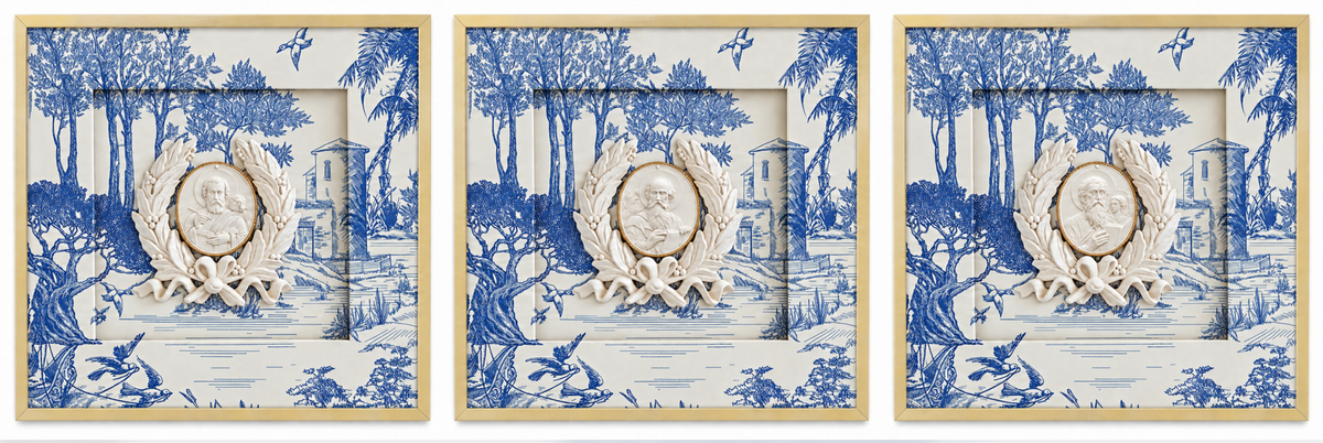 Saints Mark, John, and Matthew Framed Intaglios, Blue White Toile, Apostles