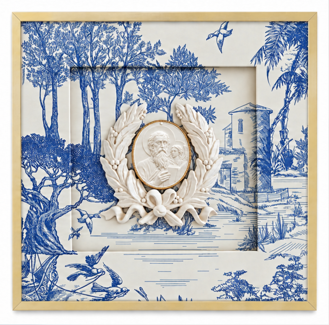 Saints Mark, John, and Matthew Framed Intaglios, Blue White Toile, Apostles