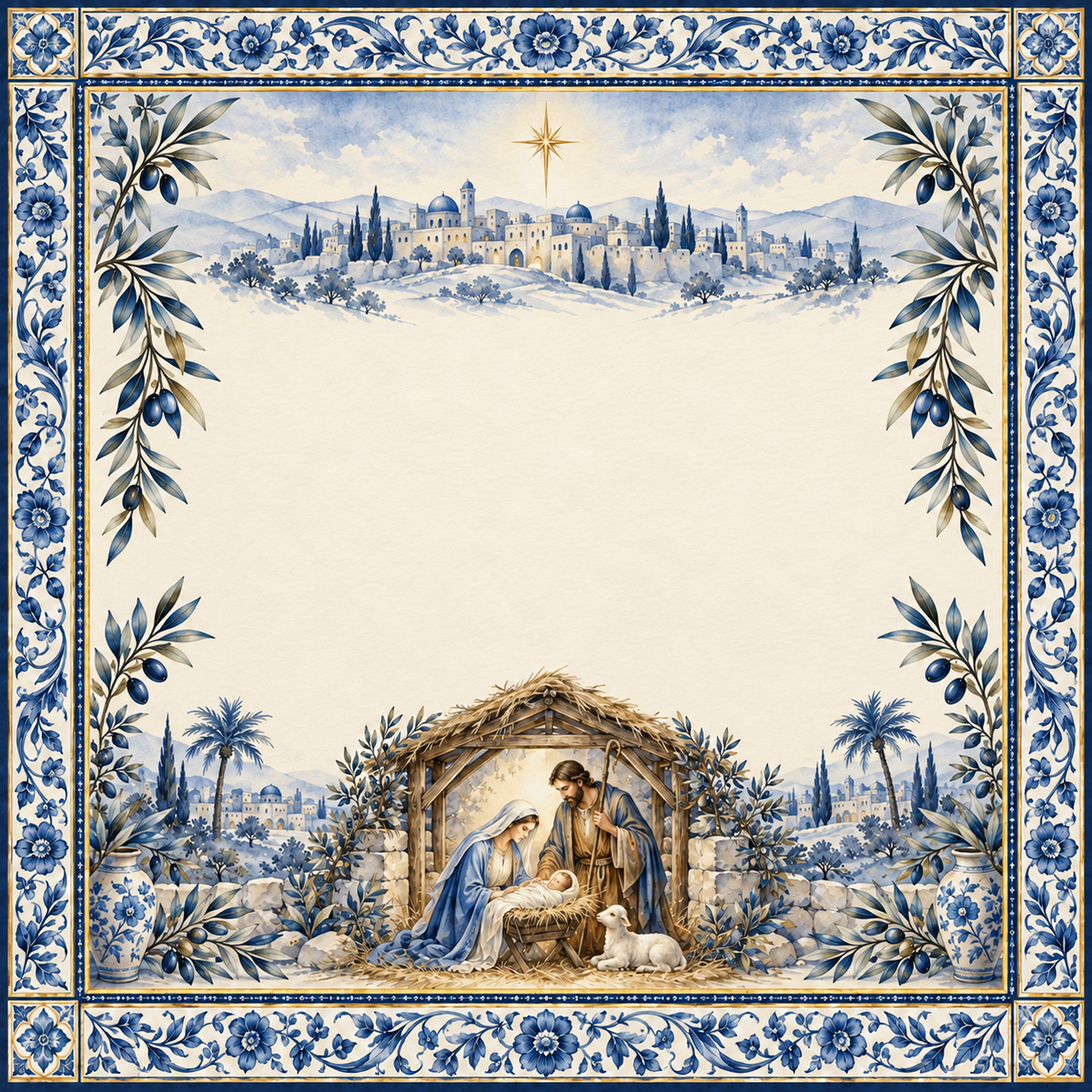Bethlehem in Blue and White Nativity Mahjong Mat